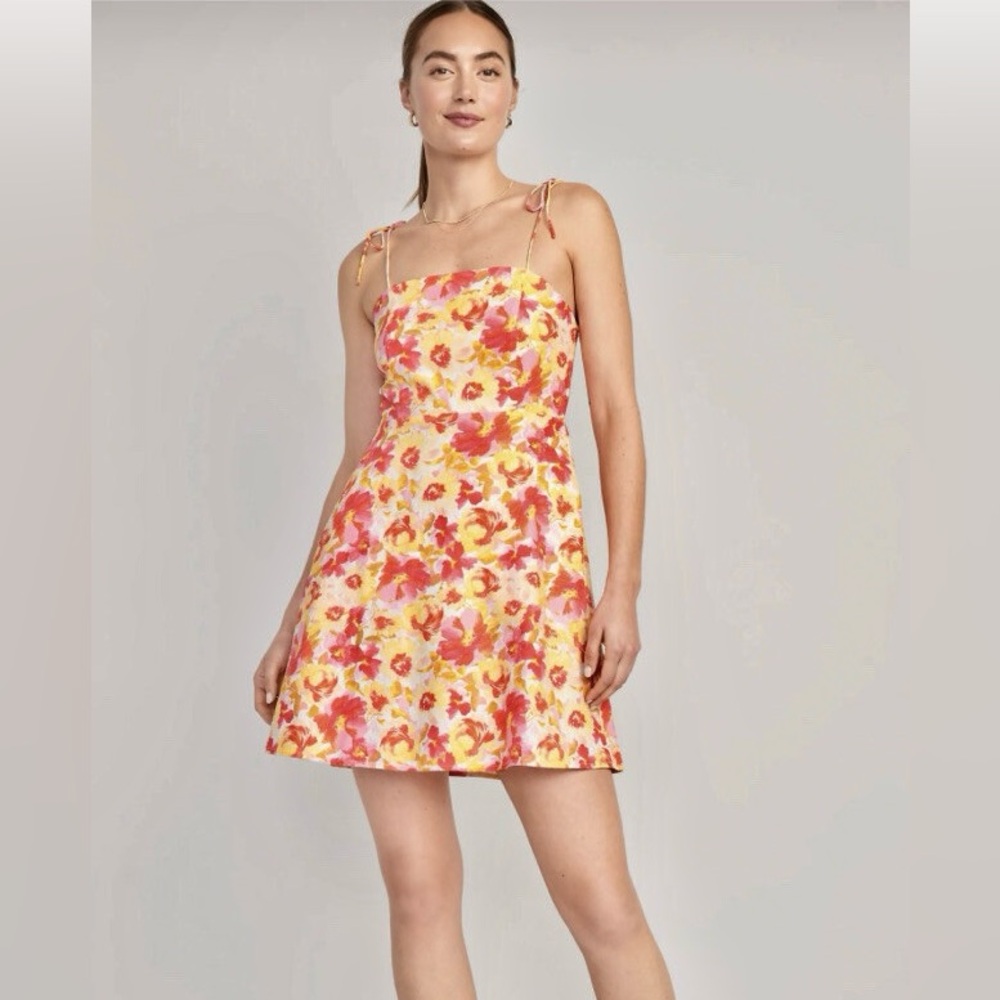 Old Navy Fit & Flare Tie-Shoulder Mini Cami Dress - Pink Watercolor Flower - S